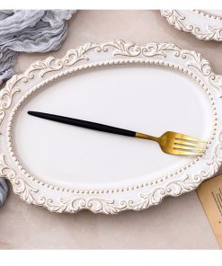 Alternative view of Vintage Baroque Embossed Palace Style Ceramic Oval Dinner Plate Tableware