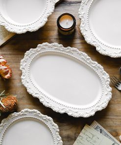 Vintage Baroque Embossed Palace Style Ceramic Oval Dinner Plate Tableware