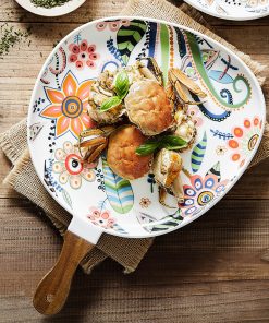 Colorful Flowers Print Ceramic Salad Dinner Plate with Solid Wood Handle