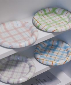 4PCS New Korean Plaid Breakfast Plates Set