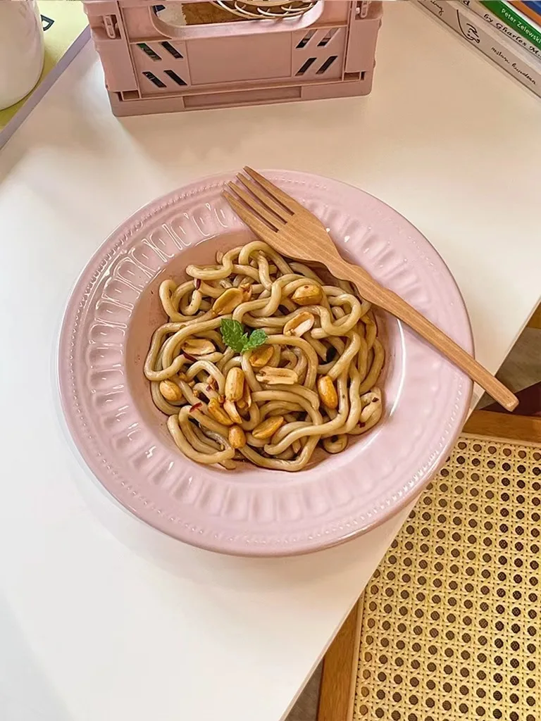 Nordic Embossed Straw Hat Plate Pink Ceramic Tableware - Image 2