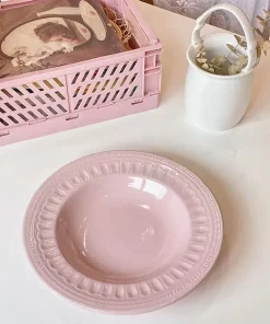 Nordic Embossed Straw Hat Plate Pink Ceramic Tableware