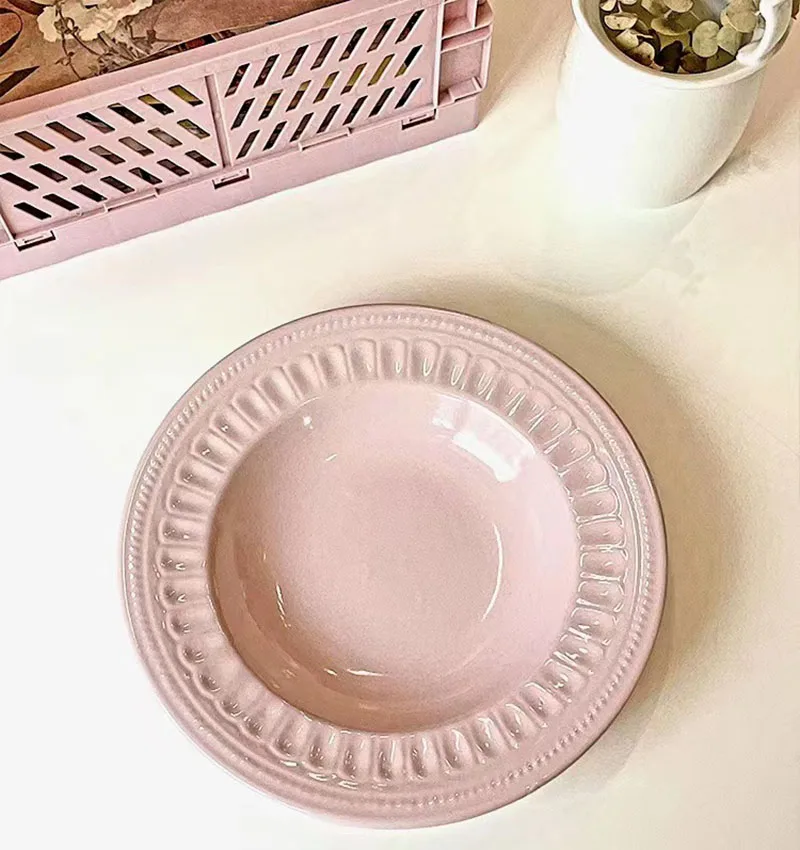 Nordic Embossed Straw Hat Plate Pink Ceramic Tableware - Image 5