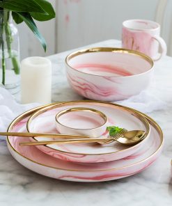 Alternative view of 3PCS Pink Marble Glazes Ceramic Plate Bowl Set Dinnerware Set