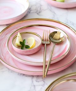 3PCS Pink Marble Glazes Ceramic Plate Bowl Set Dinnerware Set
