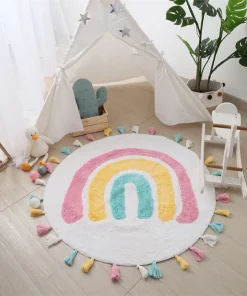 Rainbow Tassel Rugs Kids Room Floor Carpet Thick, Round