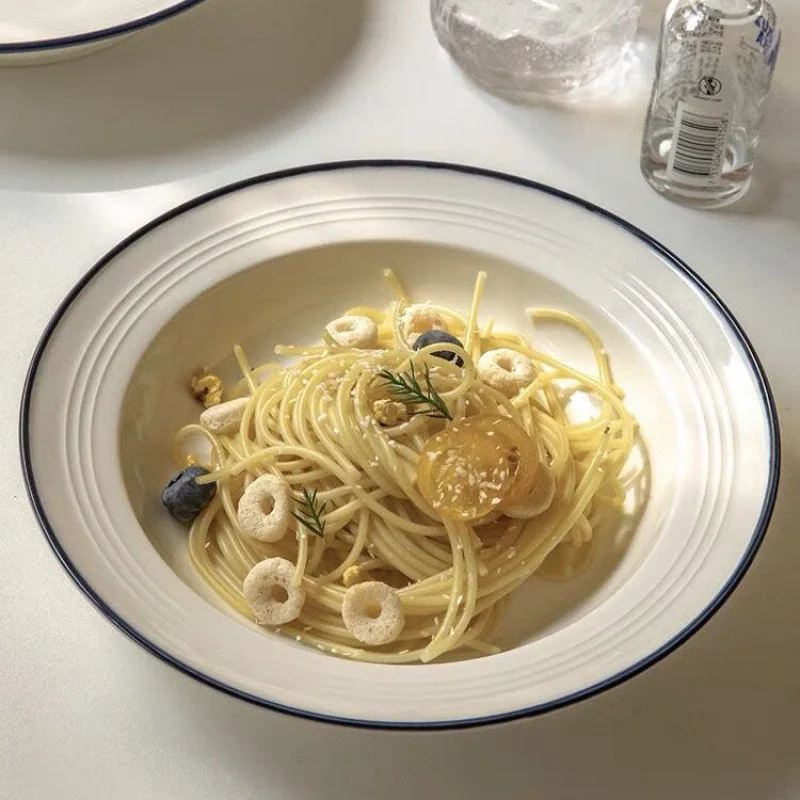 Simple Ceramic Straw Hat Plate Blue Rim Deep Plate - Image 4