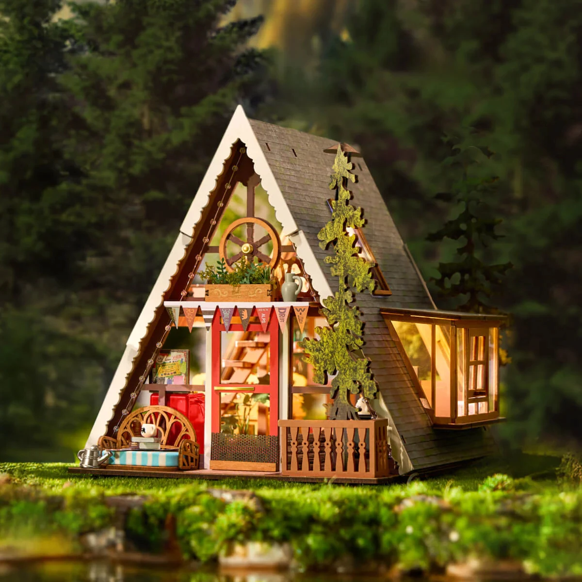 A-Frame Cabin DIY Miniature House 3D Wooden Puzzle Architectural Desk Decor Unique Christmas Gift for Adults