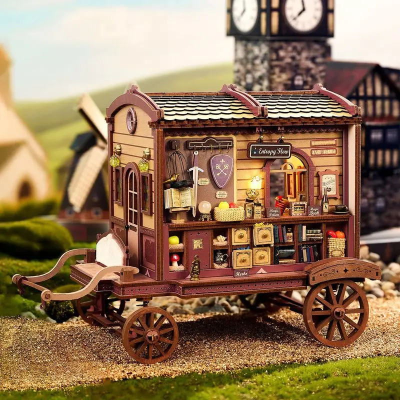 Entropy'S Flow Wooden Diy Casa Dollhouse Miniature Model Kits Magic Carriage Cabin Doll Houses With Furniture For Friends Gifts
