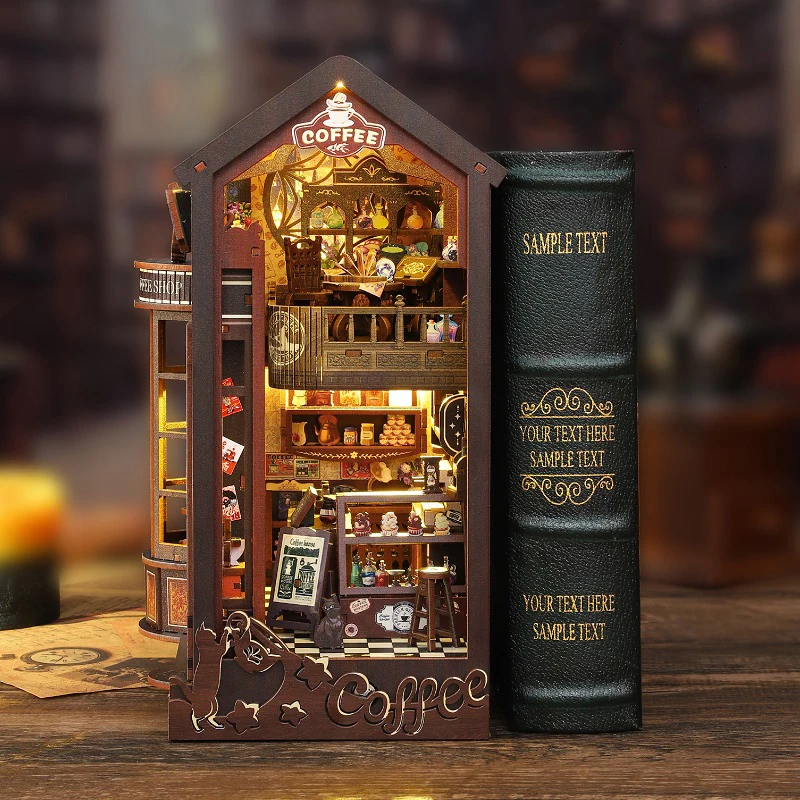 DIY Wooden Book Nook Magic Coffee Shop Figurines Miniatures Bookend Handmade Bookshelf Friends Birthday Gifts Home Decor Crafts - Image 3