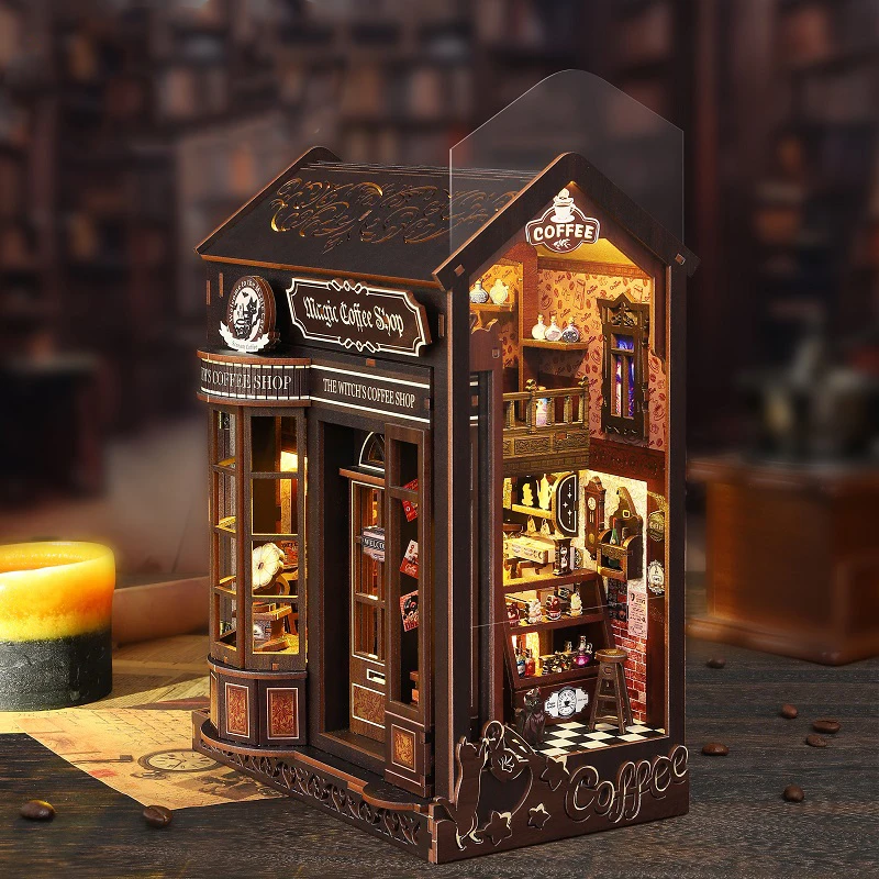 DIY Wooden Book Nook Magic Coffee Shop Figurines Miniatures Bookend Handmade Bookshelf Friends Birthday Gifts Home Decor Crafts - Image 5