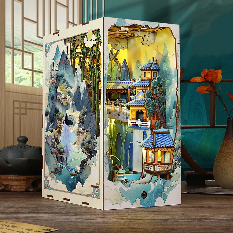 NEW DIY Book Nook Insert Shelf Kits Wooden Miniature Model Kit Penglai Wonderland Bookend Assembled Bookshelf Home Decor Gifts - Image 4
