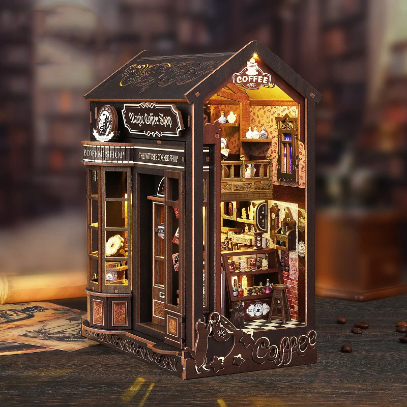 DIY Wooden Book Nook Magic Coffee Shop Figurines Miniatures Bookend Handmade Bookshelf Friends Birthday Gifts Home Decor Crafts - Image 2