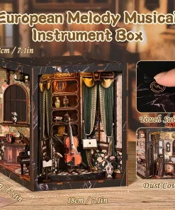 European Melody Musical Instrument Box DIY Miniature House, 3D Puzzle Bookend Model, Wooden Bookend. Creative Gift