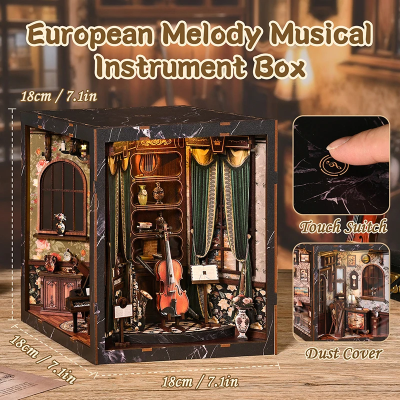 European Melody Musical Instrument Box DIY Miniature House, 3D Puzzle Bookend Model, Wooden Bookend. Creative Gift