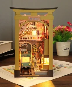 DIY Wooden Book Nook Shelf Insert Kits, Miniature Cherry Blossom Train Station Bookends Japanese Bookshelf Handmade Crafts Gifts