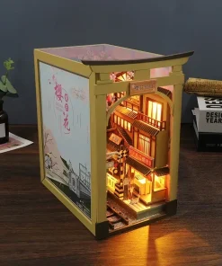 Alternative view of DIY Wooden Book Nook Shelf Insert Kits, Miniature Cherry Blossom Train Station Bookends Japanese Bookshelf Handmade Crafts Gifts