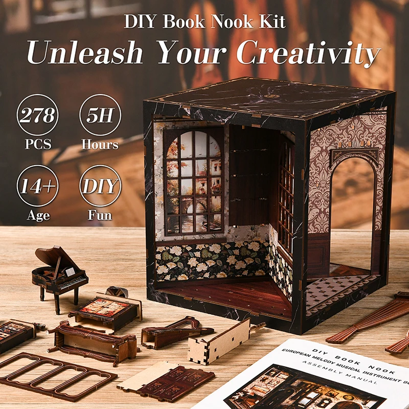 European Melody Musical Instrument Box DIY Miniature House, 3D Puzzle Bookend Model, Wooden Bookend. Creative Gift - Image 2