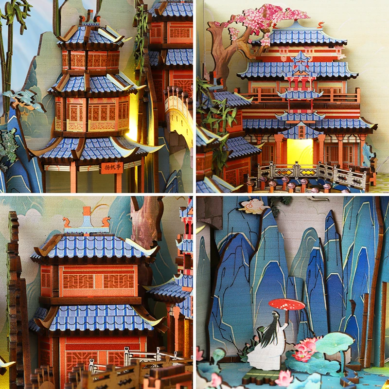 NEW DIY Book Nook Insert Shelf Kits Wooden Miniature Model Kit Penglai Wonderland Bookend Assembled Bookshelf Home Decor Gifts - Image 5