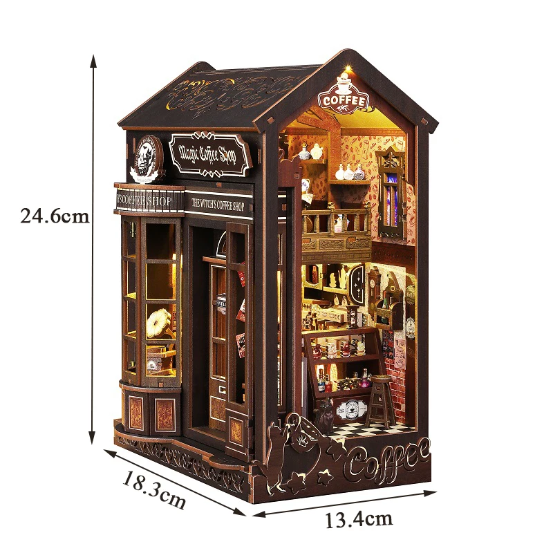 DIY Wooden Book Nook Magic Coffee Shop Figurines Miniatures Bookend Handmade Bookshelf Friends Birthday Gifts Home Decor Crafts - Image 6