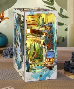 NEW DIY Book Nook Insert Shelf Kits Wooden Miniature Model Kit Penglai Wonderland Bookend Assembled Bookshelf Home Decor Gifts