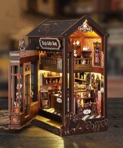 DIY Wooden Book Nook Magic Coffee Shop Figurines Miniatures Bookend Handmade Bookshelf Friends Birthday Gifts Home Decor Crafts