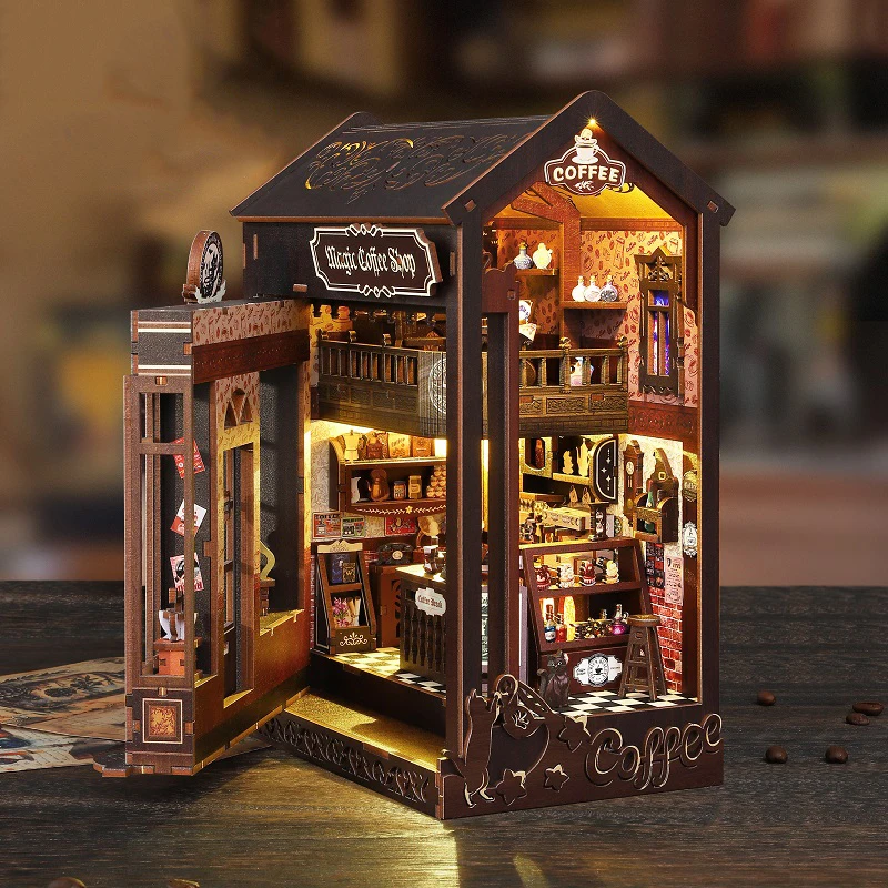 DIY Wooden Book Nook Magic Coffee Shop Figurines Miniatures Bookend Handmade Bookshelf Friends Birthday Gifts Home Decor Crafts